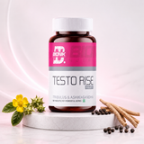 BIONIK NUTRITION Testorise herbal supplement tablets, 90-count bottle, showing round tablets and label on the bottle.