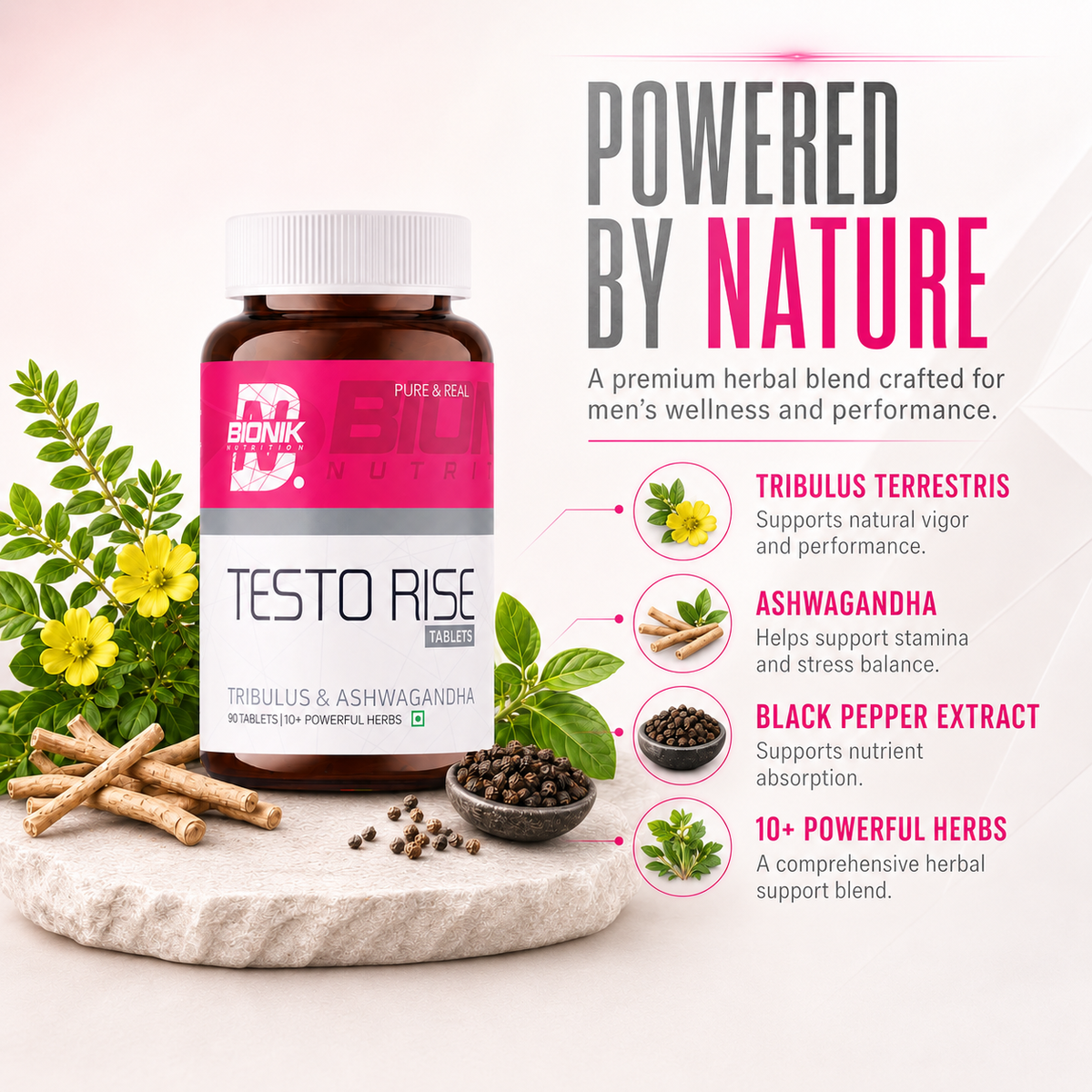 BIONIK NUTRITION Testorise herbal supplement tablets, 90-count, showing the bottle and tablets inside.