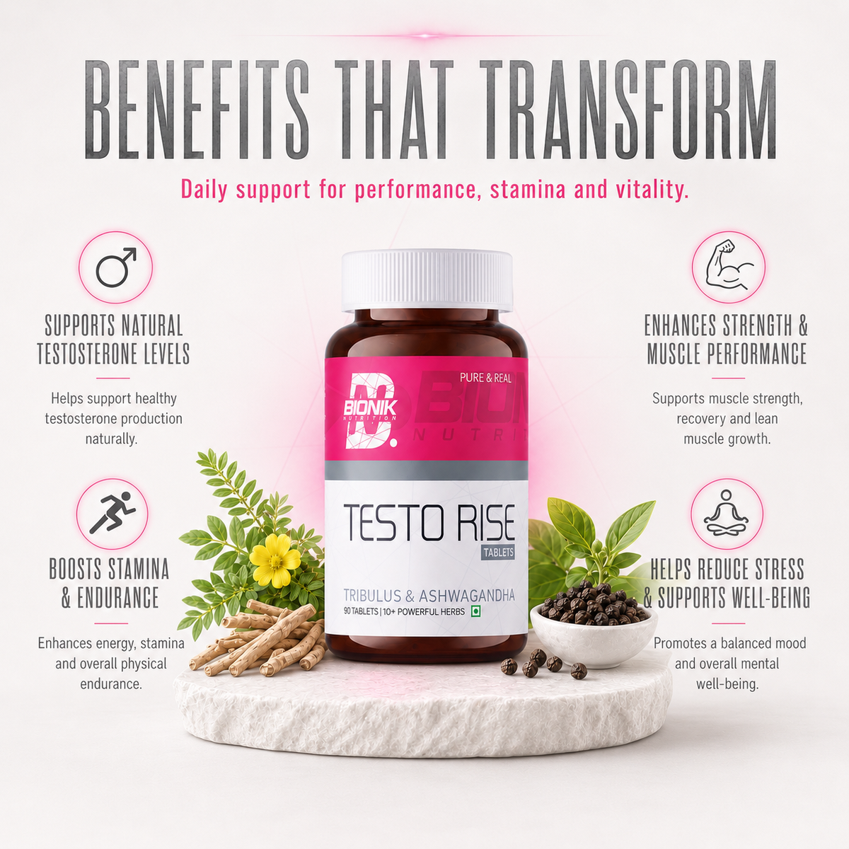 BIONIK NUTRITION Testorise herbal supplement tablets in a bottle, 90-count, natural herbal supplement for health support