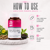 BIONIK NUTRITION Testorise herbal supplement tablets, 90-count bottle, showing round tablets in blister packaging.