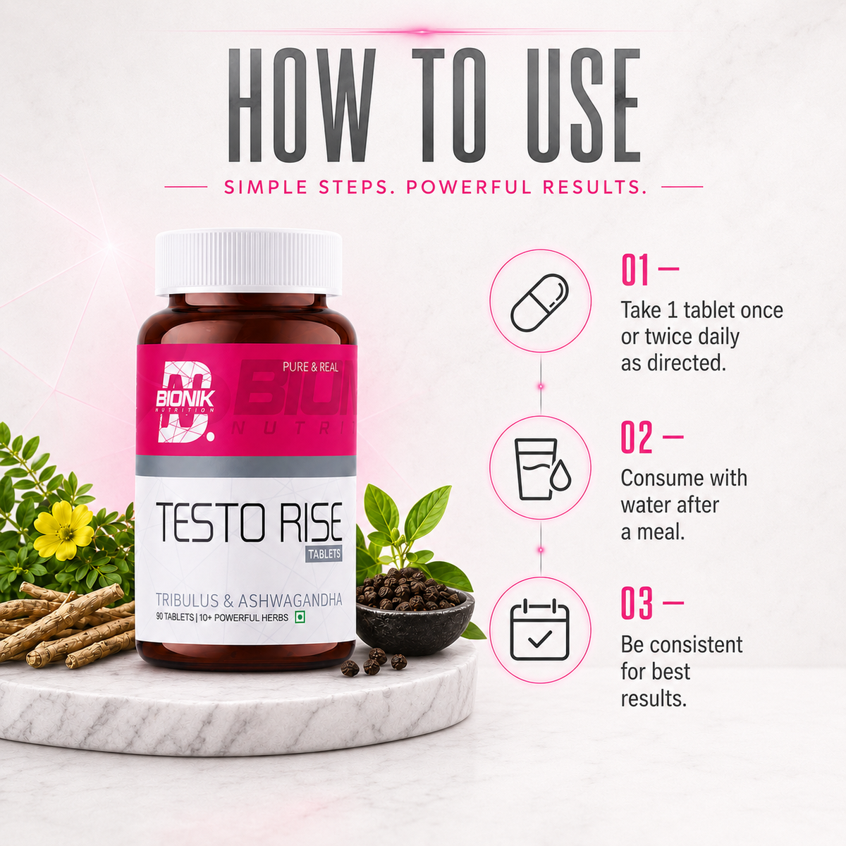 BIONIK NUTRITION Testorise herbal supplement tablets, 90-count bottle, showing round tablets in blister packaging.