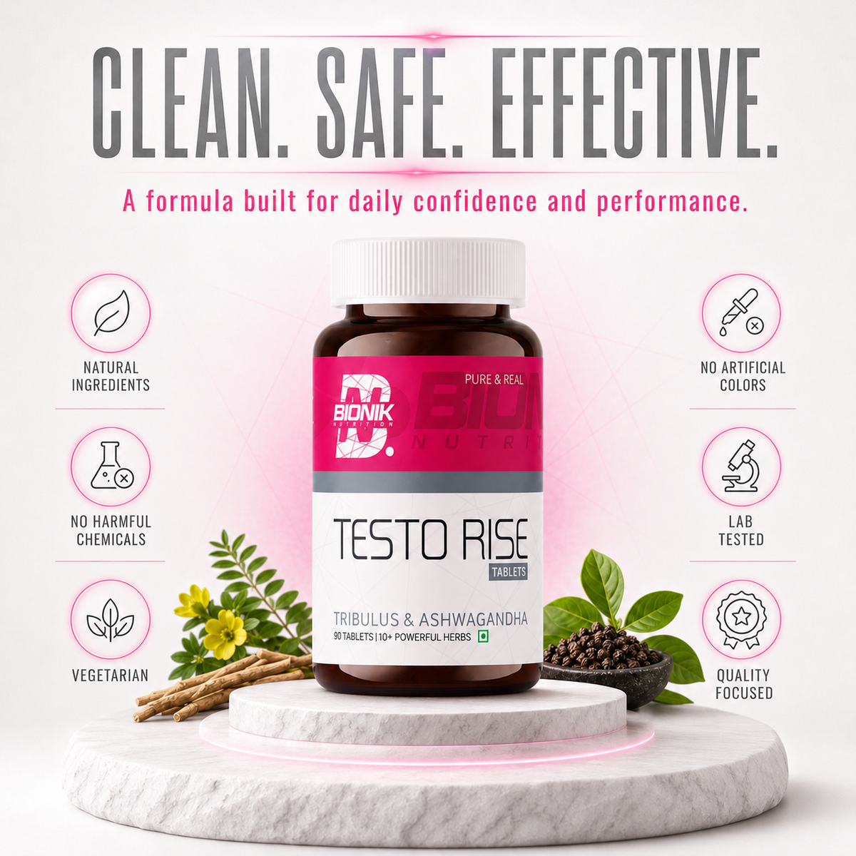 BIONIK NUTRITION Testorise herbal supplement tablets, 90-count, with natural herbal ingredients for health and vitality.