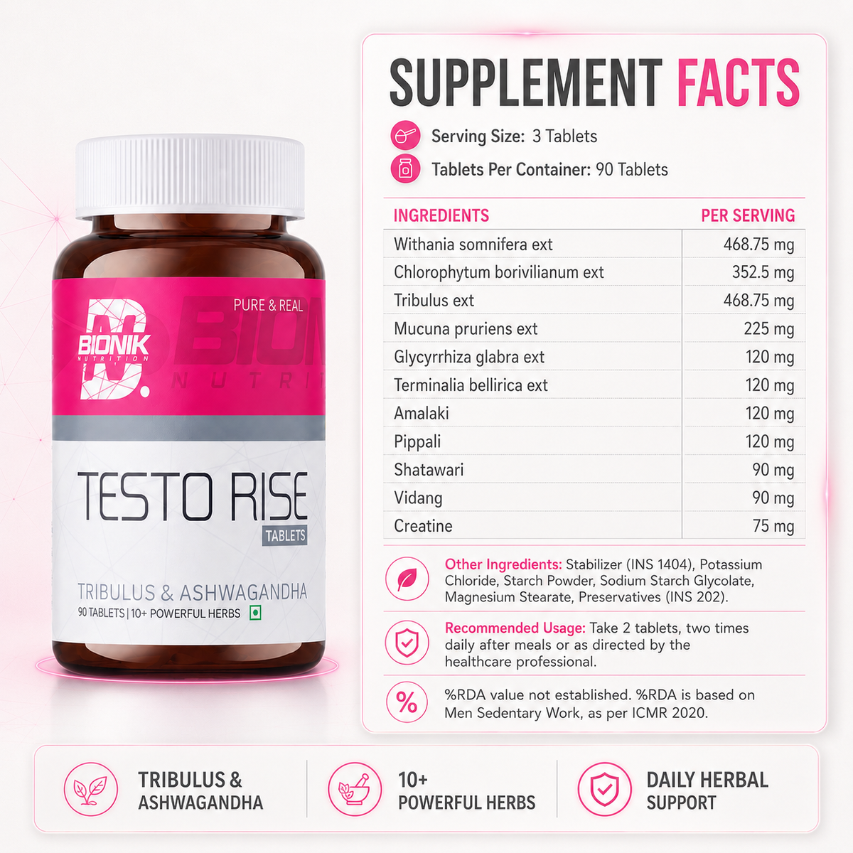 BIONIK NUTRITION Testorise herbal supplement tablets, 90-count bottle, featuring natural tablets for wellness and vitality.