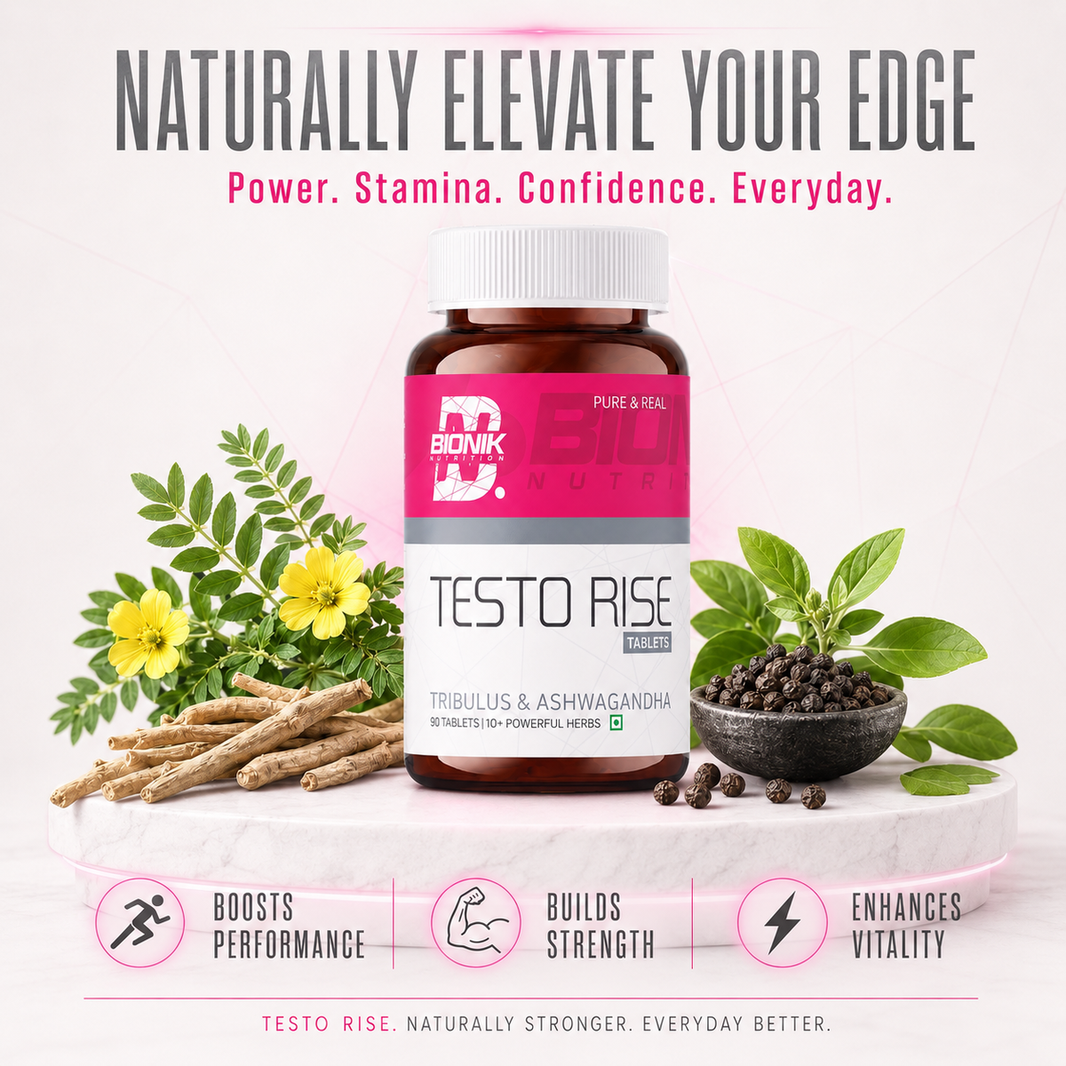 BIONIK NUTRITION Testorise herbal supplement tablets in a bottle, 90-count, natural dietary supplement for health support