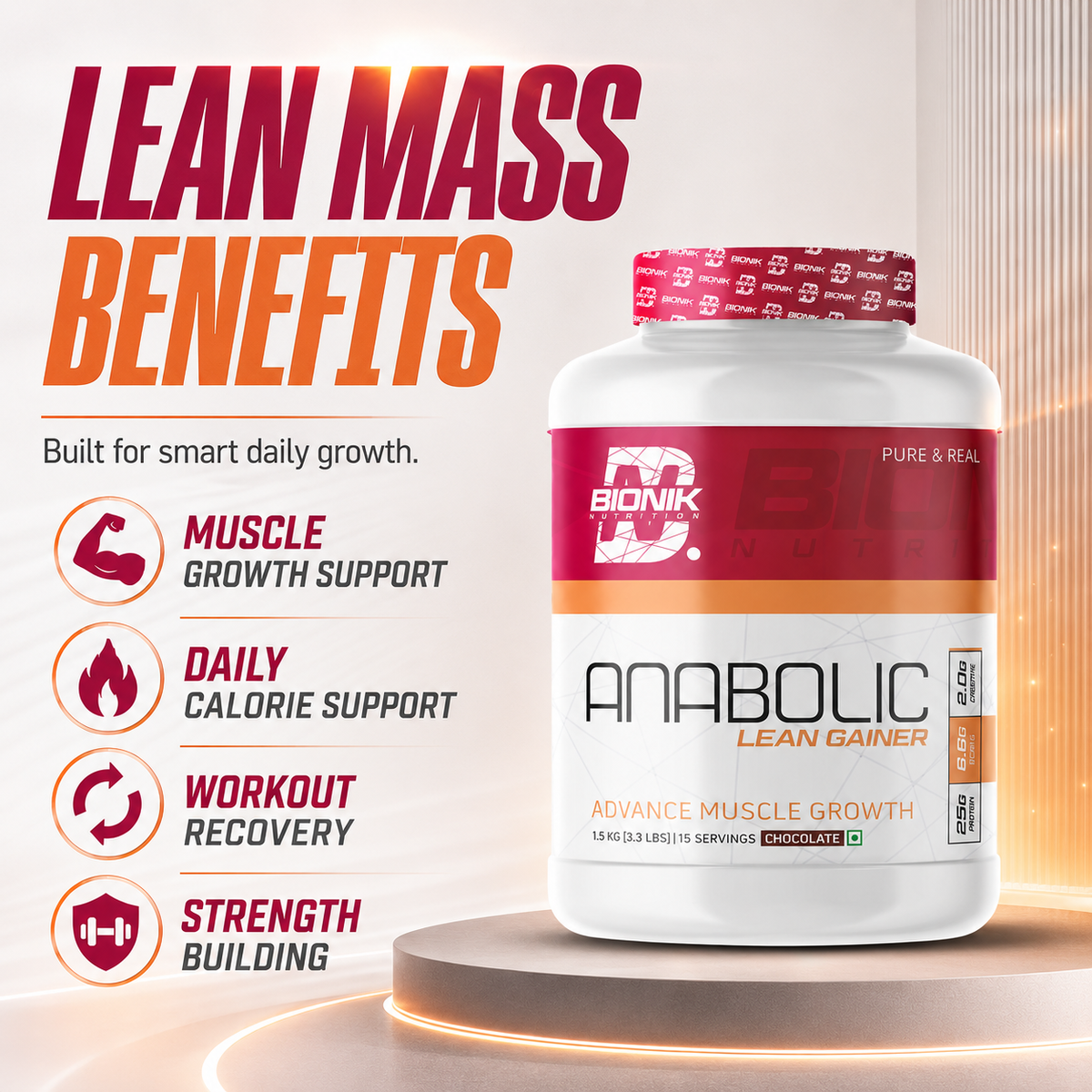 BIONIK NUTRITION Anabolic Gain mass gainer powder with whey protein and creatine in a 1.5 kg container.