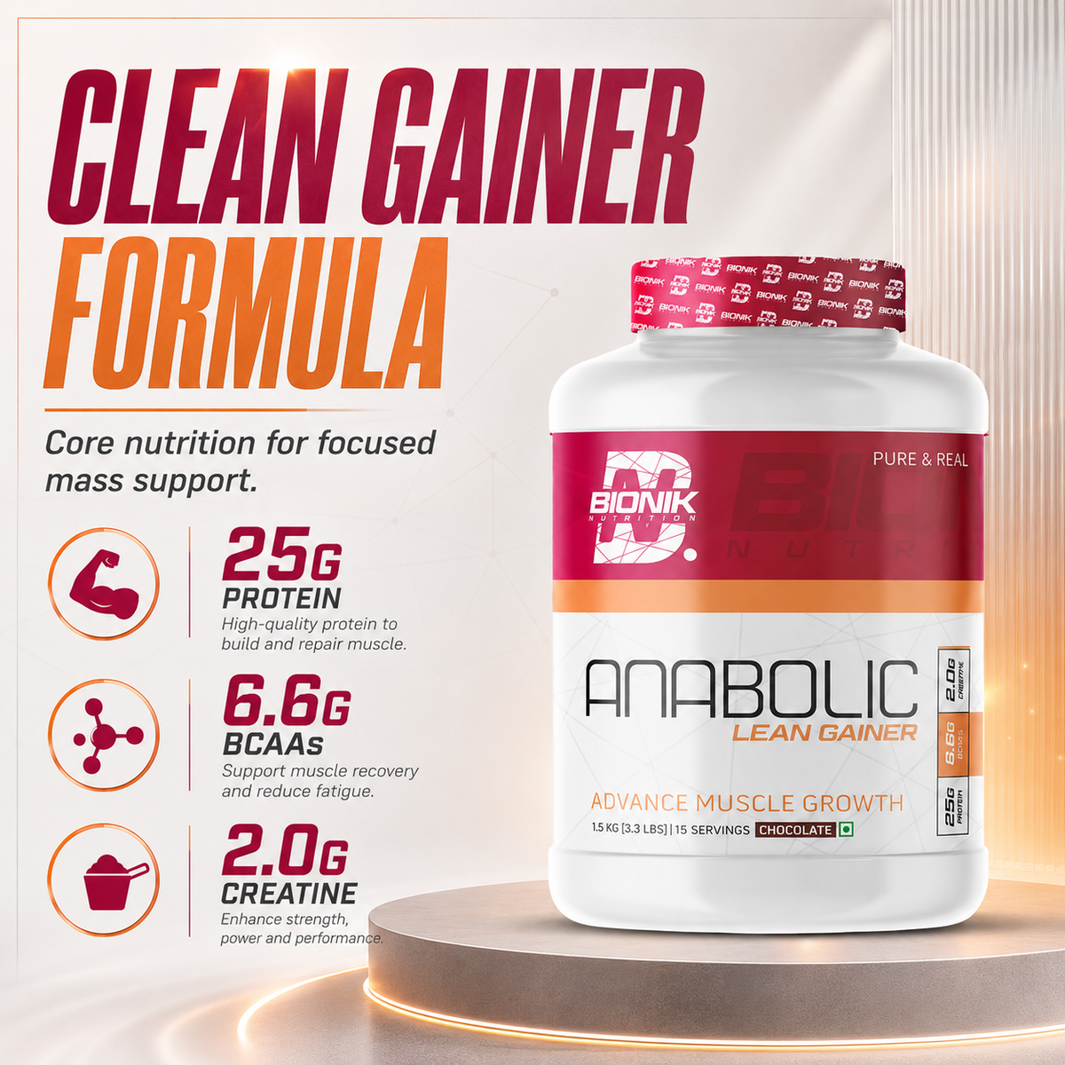 BIONIK NUTRITION Anabolic Gain lean mass gainer with whey protein and creatine, shown in 1.5 kg packaging.