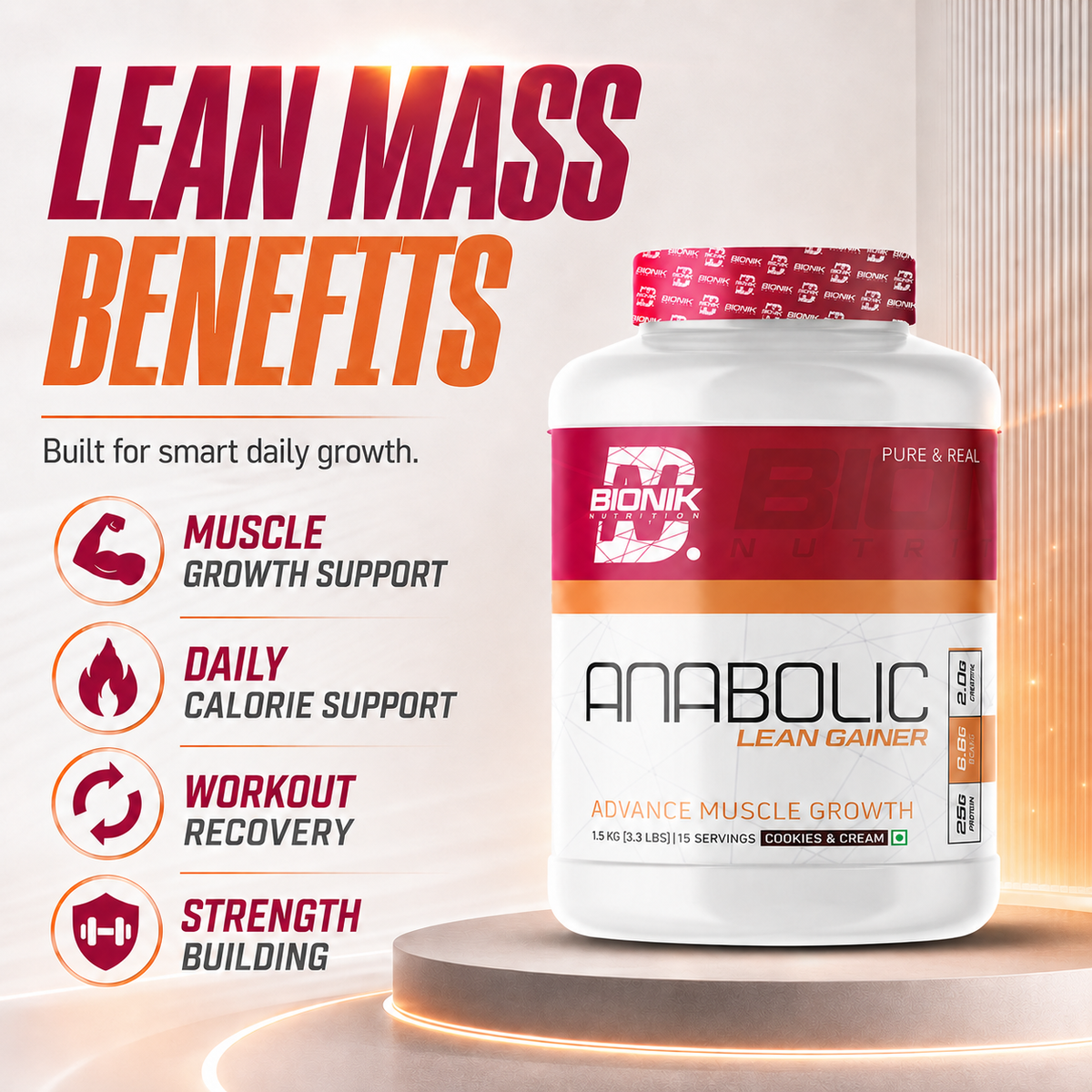 BIONIK NUTRITION Anabolic Gain lean mass gainer container with whey protein and creatine, 1.5 kg bucket for muscle building