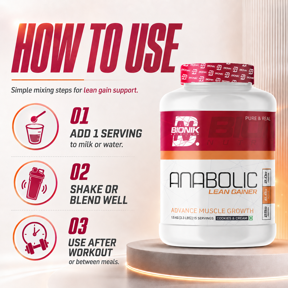 BIONIK NUTRITION Anabolic Gain mass gainer container with whey protein and creatine, 1.5 kg lean muscle supplement