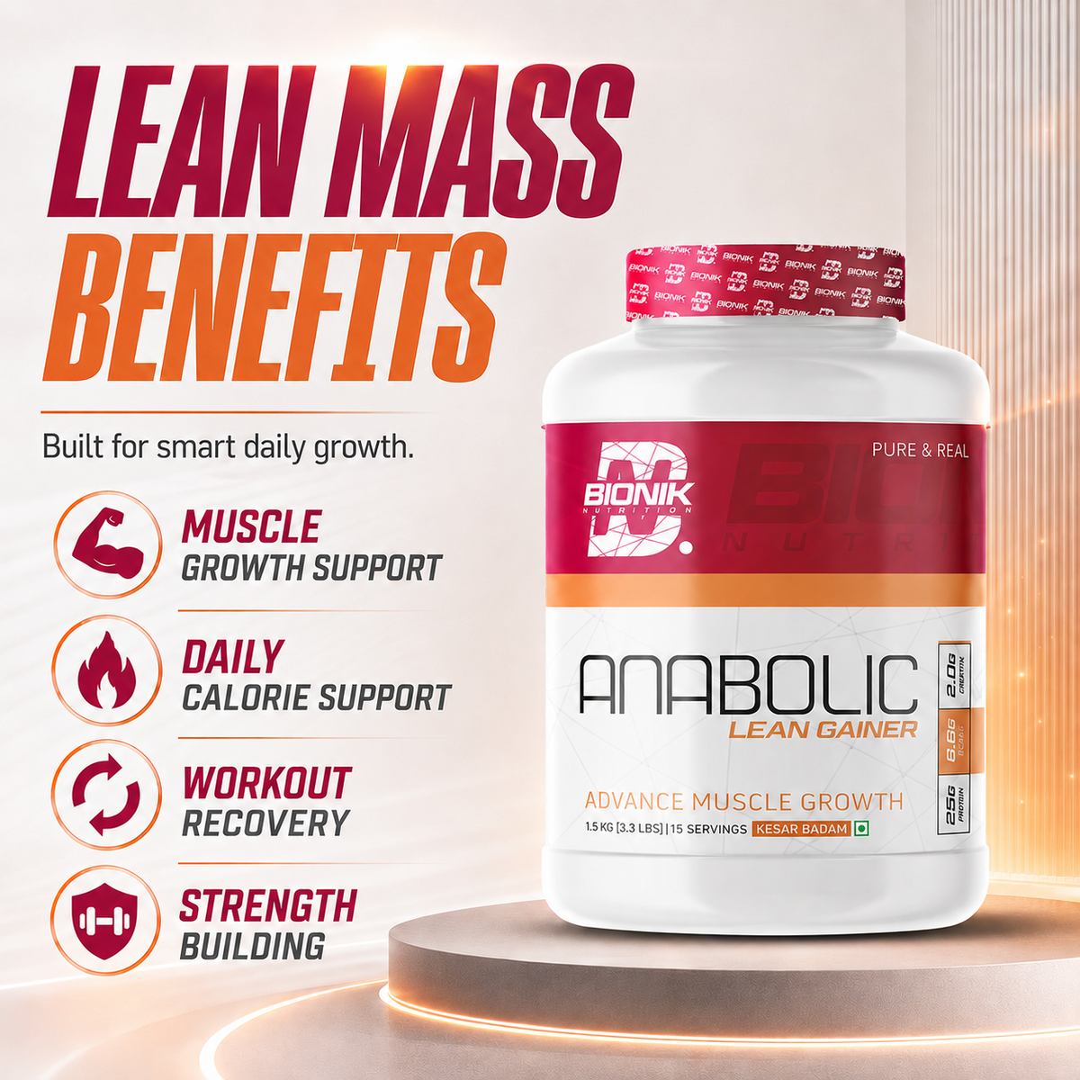 BIONIK NUTRITION Anabolic Gain mass gainer powder with whey protein and creatine in a 1.5kg container.