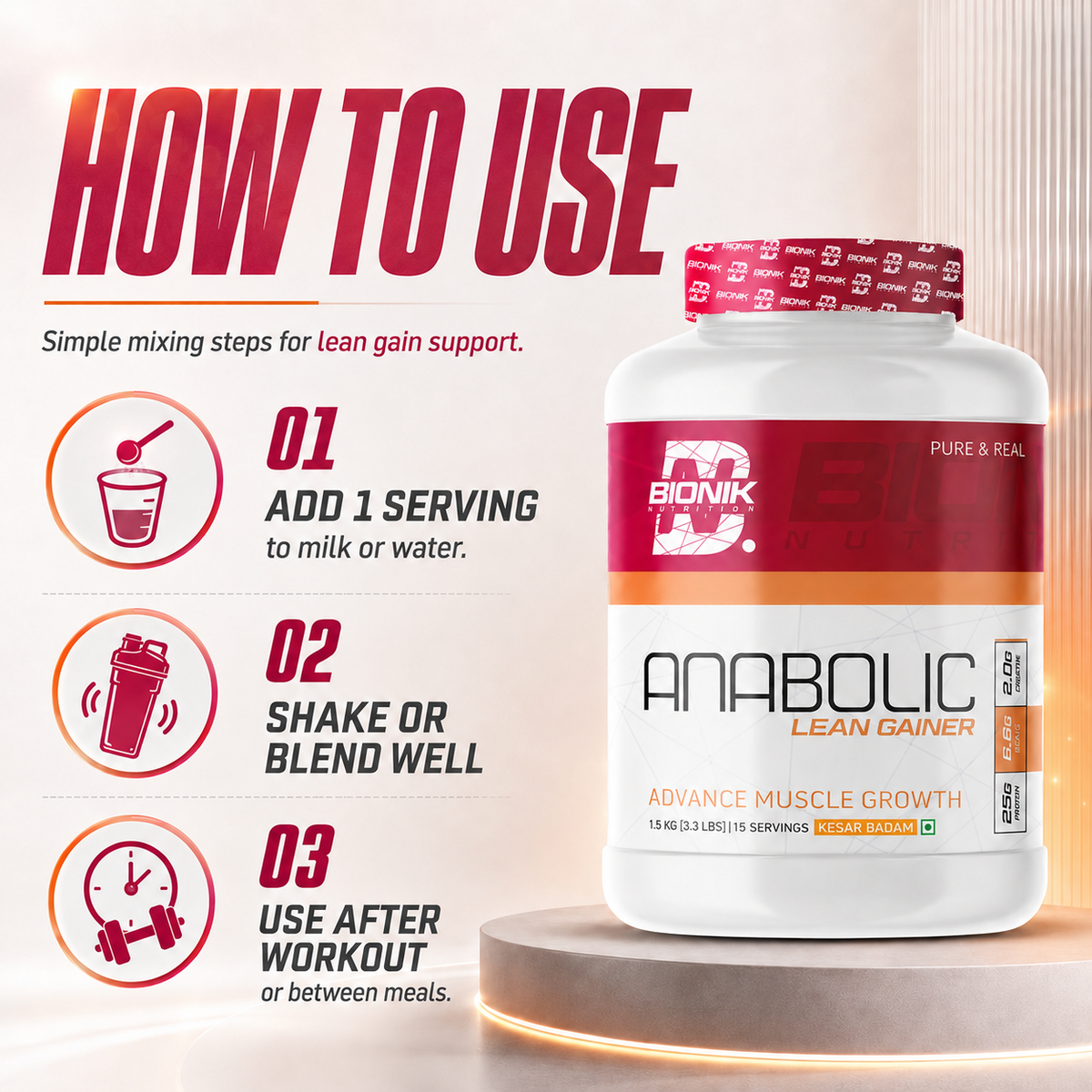 BIONIK NUTRITION Anabolic Gain mass gainer with whey protein and creatine in 1.5 kg container, showing the product packaging.