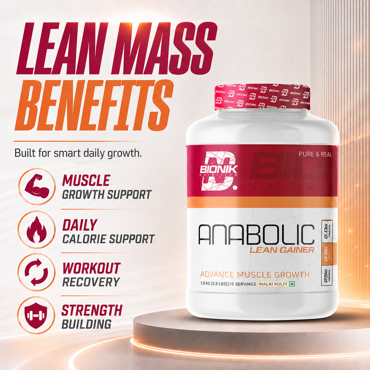 BIONIK NUTRITION Anabolic Gain lean mass gainer with whey protein and creatine in 1.5 kg bag, showing the product packaging.