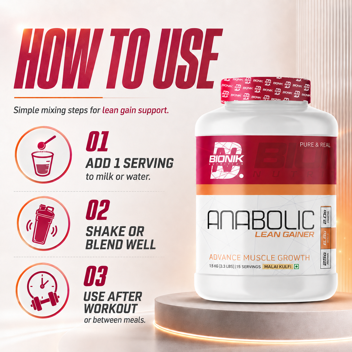 BIONIK NUTRITION Anabolic Gain mass gainer with whey protein and creatine, 1.5 kg container, showing the product packaging.