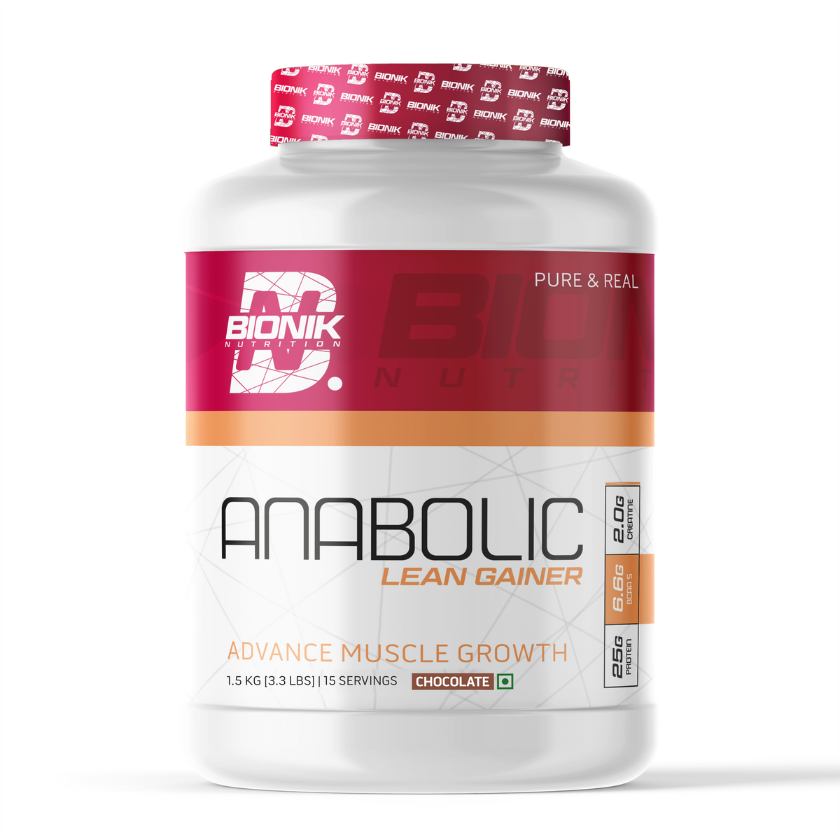BIONIK NUTRITION Anabolic Gain lean mass gainer with whey protein and creatine, shown in a 1.5 kg container.