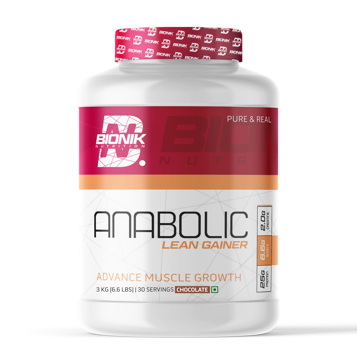 BIONIK NUTRITION Anabolic Gain lean mass gainer powder with whey protein and creatine in a 1.5 kg container.