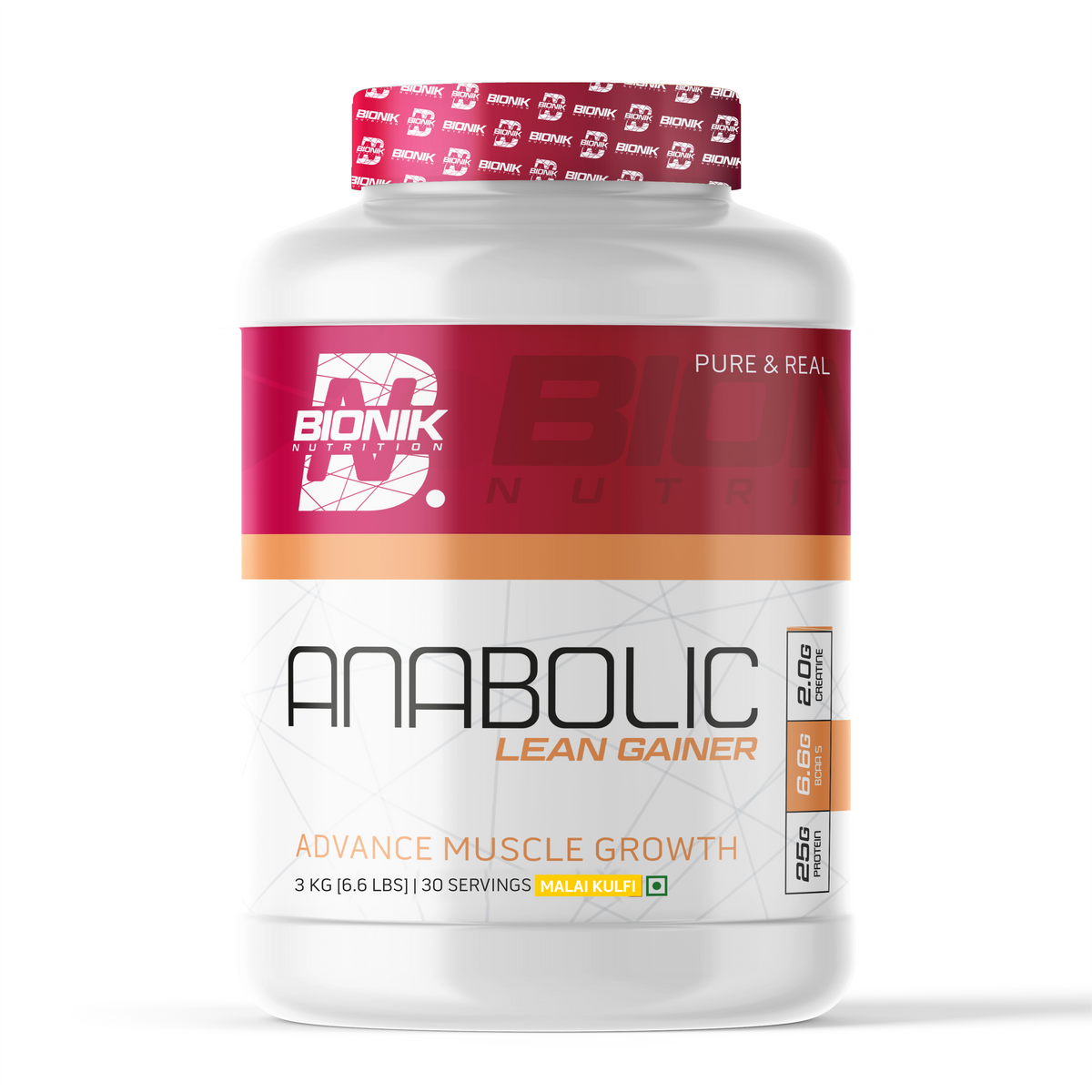 BIONIK NUTRITION Anabolic Gain mass gainer powder with whey protein and creatine in a 1.5kg container, designed for lean muscle growth.