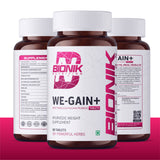 BIONIK NUTRITION WE-GAIN+ Mass Gainer Tablets, 90 count, showing the packaging of dietary supplement tablets for muscle gain.