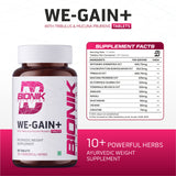 BIONIK NUTRITION WE-GAIN+ mass gainer tablets, 90-count, showing the bottle and supplement packaging.
