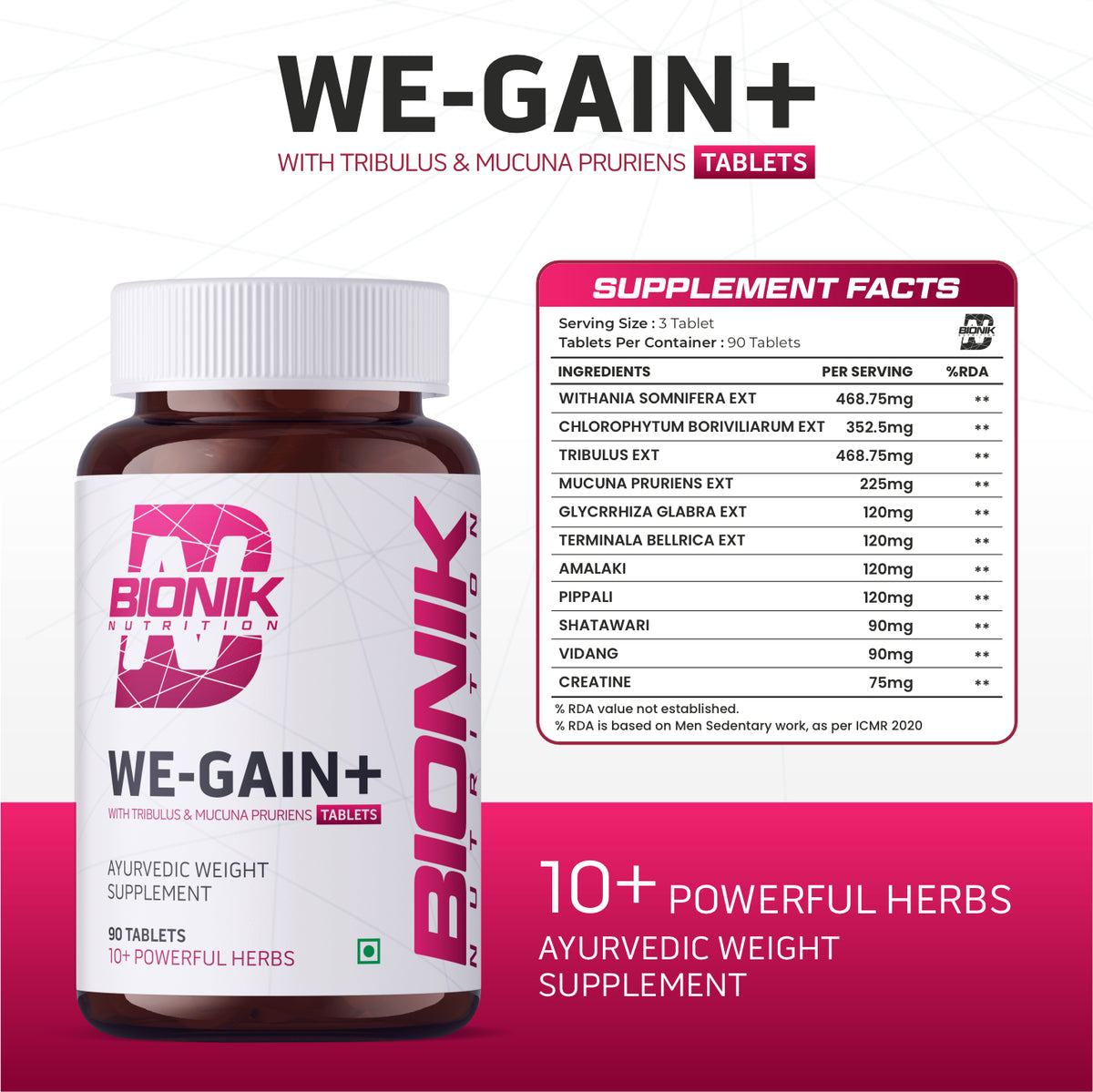 BIONIK NUTRITION WE-GAIN+ mass gainer tablets, 90-count, showing the bottle and supplement packaging.
