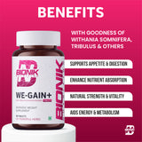 BIONIK NUTRITION WE-GAIN+ Mass Gainer Tablets, 90 count, dietary supplement for muscle gain and nutrition support.