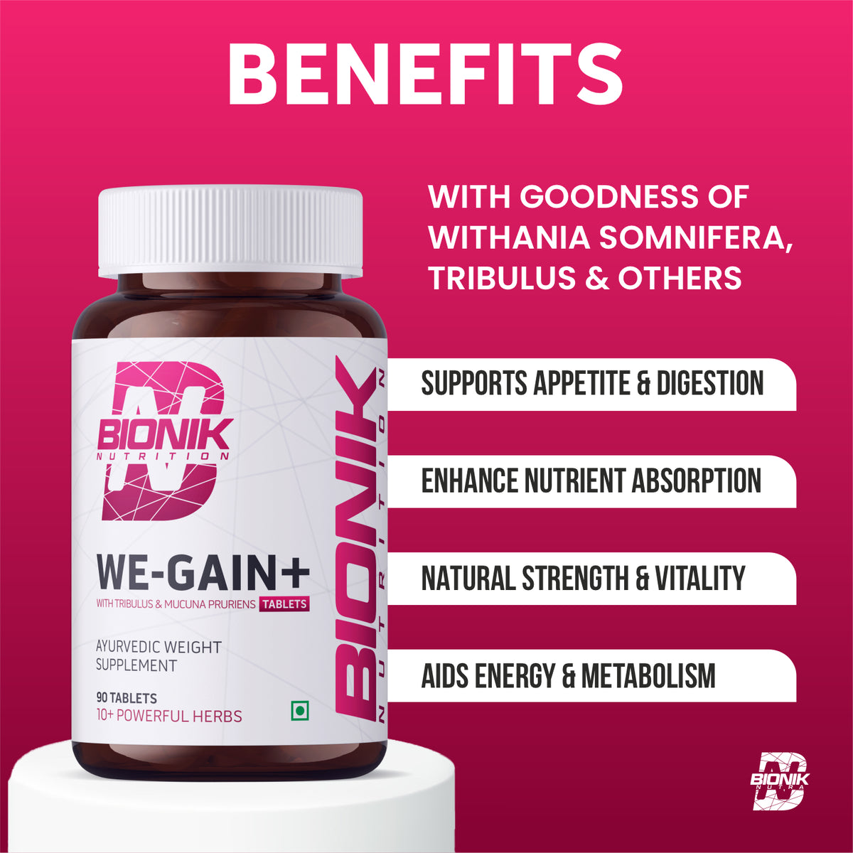 BIONIK NUTRITION WE-GAIN+ Mass Gainer Tablets, 90 count, dietary supplement for muscle gain and nutrition support.