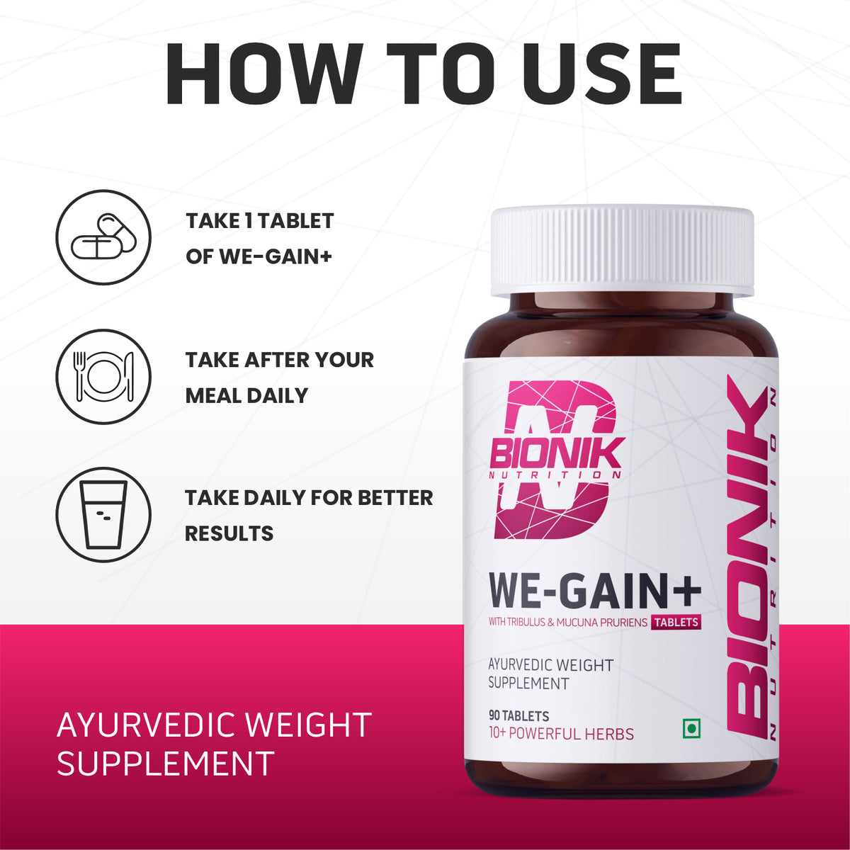 BIONIK NUTRITION WE-GAIN+ mass gainer tablets, 90-count, bottle with tablets visible for muscle gain and nutritional support