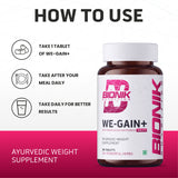 BIONIK NUTRITION WE-GAIN+ mass gainer tablets, 90-count, bottle with tablets visible for muscle gain and nutritional support
