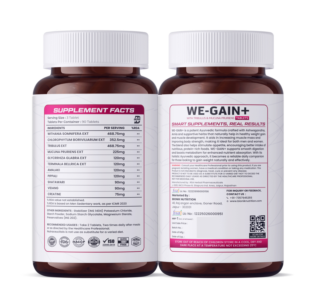 BIONIK NUTRITION WE-GAIN+ Mass Gainer Tablets in a bottle with 90 tablets, designed to support muscle gain and nutrition.