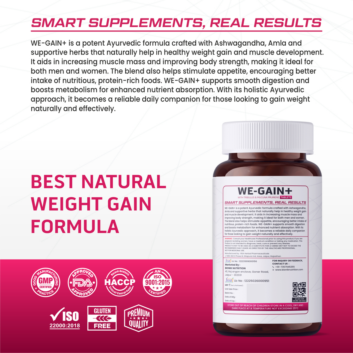 BIONIK NUTRITION WE-GAIN+ mass gainer tablets, 90-count, showing the bottle with labeled tablets inside.