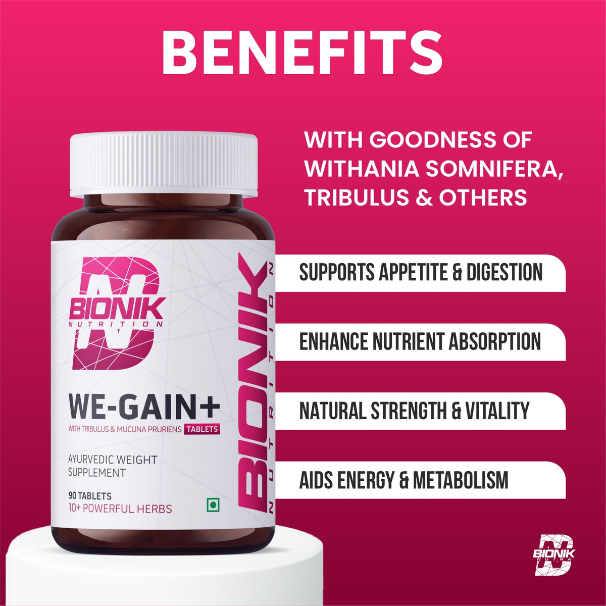 BIONIK NUTRITION WE-GAIN+ Ayurvedic weight gain tablets, 90-count, natural herbal mass gainer supplement in blister pack.