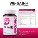 BIONIK NUTRITION WE-GAIN+ Ayurvedic weight gain tablets, 90-count mass gainer supplement with herbal ingredients in a blister pack.