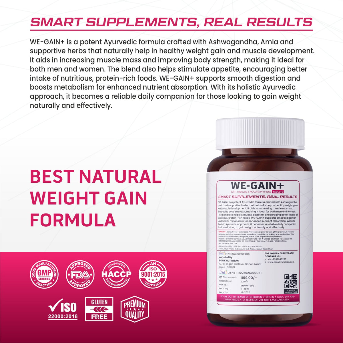 BIONIK NUTRITION WE-GAIN+ Ayurvedic weight gain tablets, 90-count, natural mass gainer supplement in blister pack