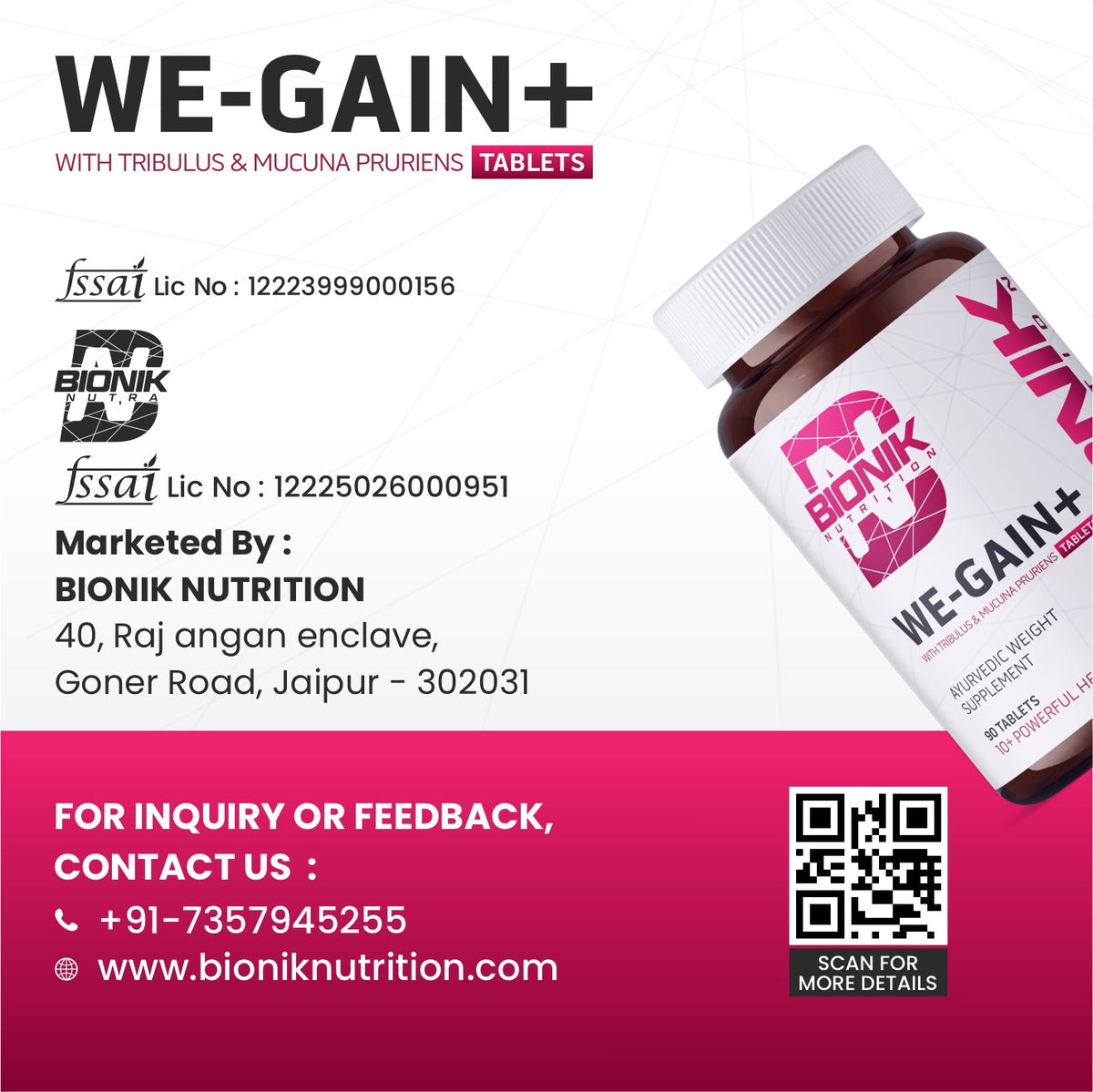 BIONIK NUTRITION WE-GAIN+ Ayurvedic weight gain tablets in a bottle with 90 tablets, designed for natural mass gain.