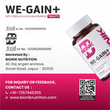BIONIK NUTRITION WE-GAIN+ Ayurvedic weight gain tablets in a bottle with 90 tablets, designed for natural mass gain.