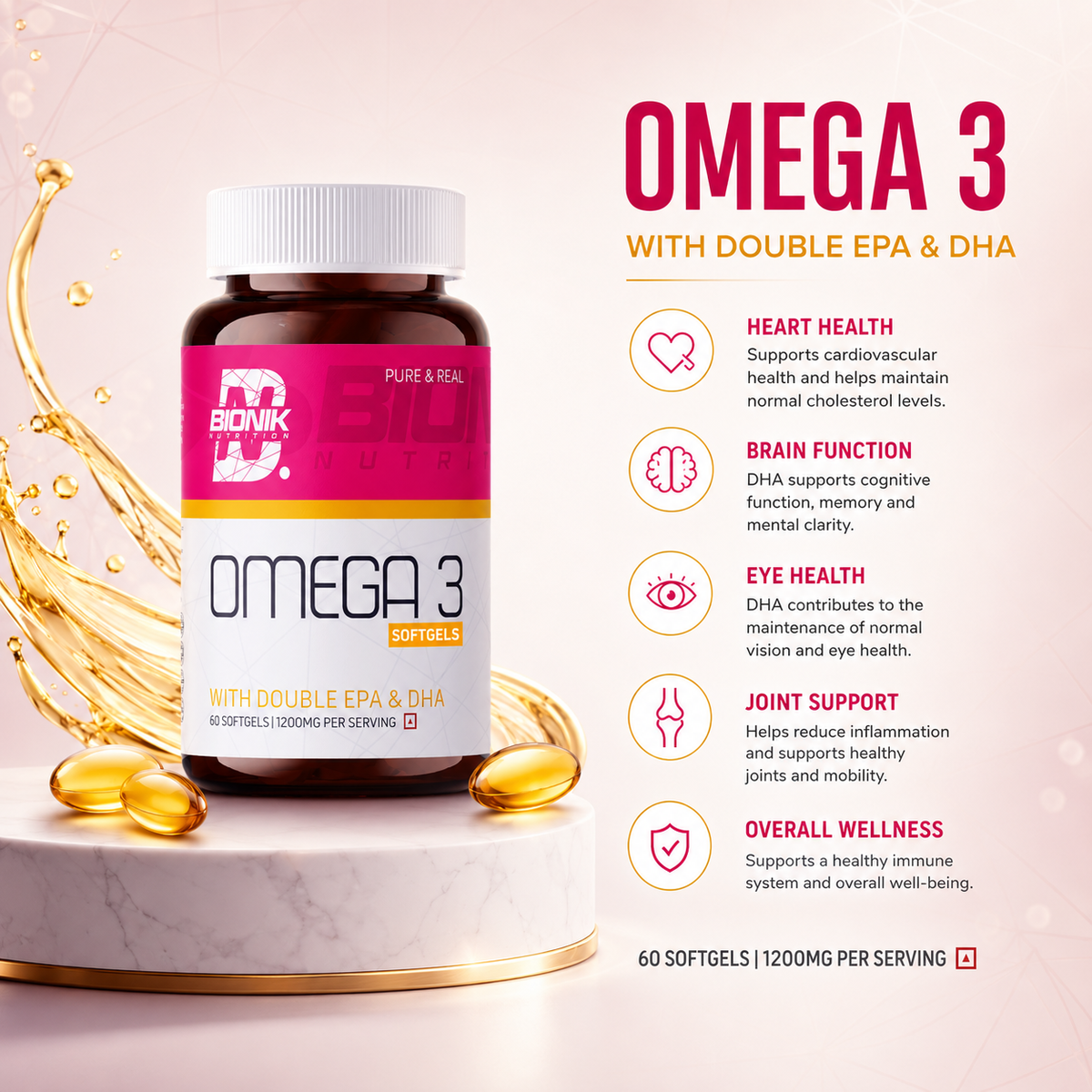 BIONIK NUTRITION Omega 3 softgels bottle with 60 softgel capsules, showing the supplement packaging and softgel capsules inside.