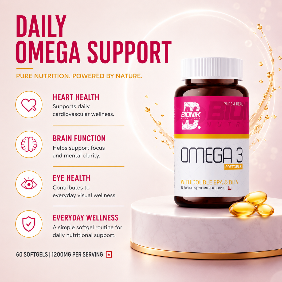 BIONIK NUTRITION Omega 3 Softgels, 60 softgel bottle, close-up of golden softgel capsules on a white background