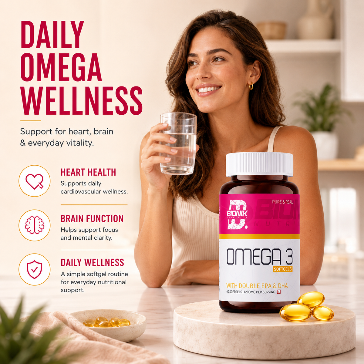 BIONIK NUTRITION Omega 3 Softgels bottle with 60 softgel capsules, dietary supplement for heart and brain health.