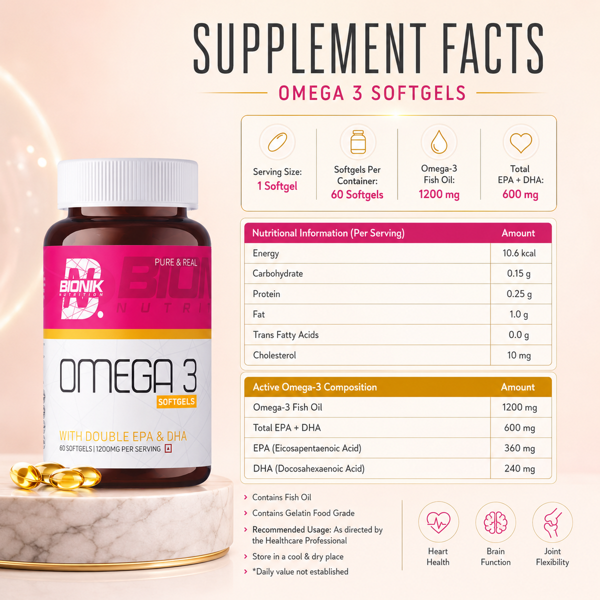 BIONIK NUTRITION Omega 3 Softgels bottle with 60 softgel capsules, showing the supplement container and softgel capsules inside.