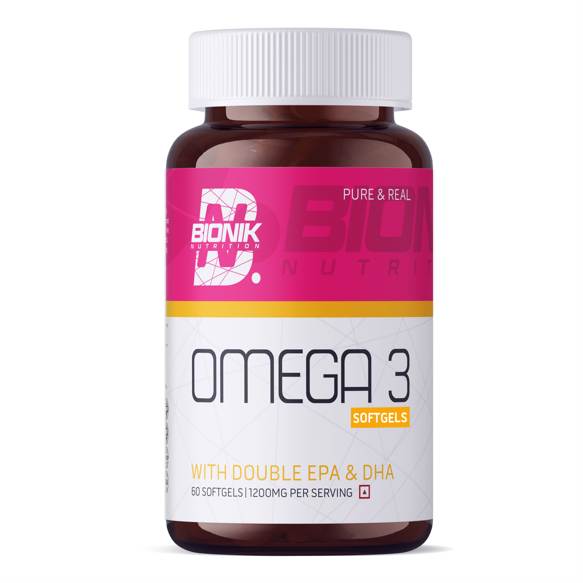 BIONIK NUTRITION Omega 3 Softgels bottle containing 60 softgel capsules on a neutral background.
