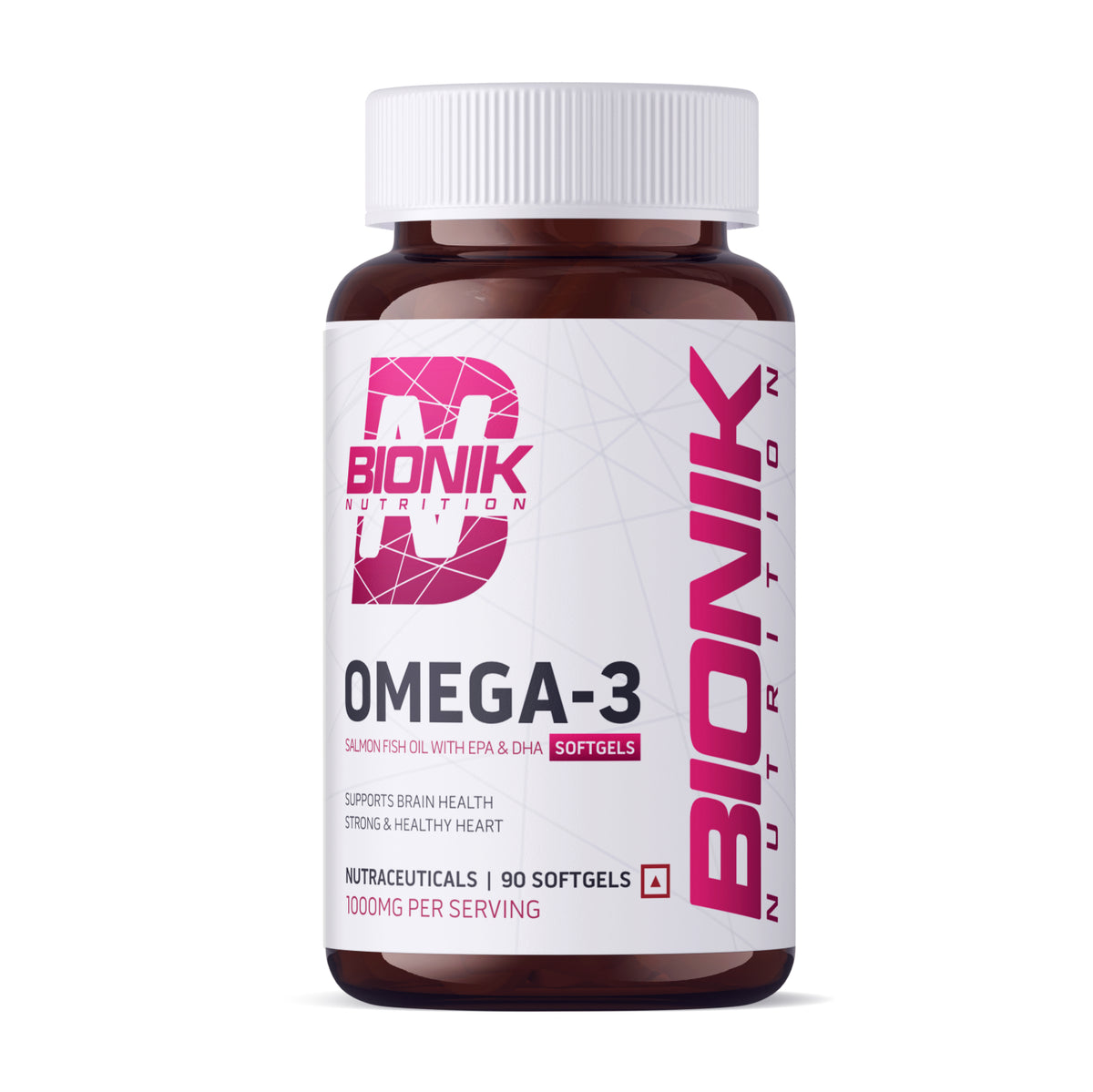 BIONIK NUTRITION Omega-3 Softgels with EPA and DHA, 60 softgels, close-up of softgel capsules in a bottle.