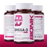 BIONIK NUTRITION Omega-3 Softgels with EPA and DHA, 60 softgel bottle, close-up of softgel capsules in a clear container.