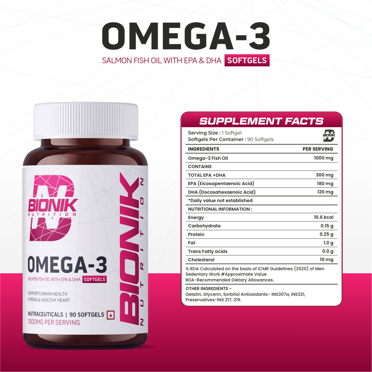BIONIK NUTRITION Omega-3 Softgels with EPA and DHA, 60 softgel bottle showing clear softgel capsules and label detail