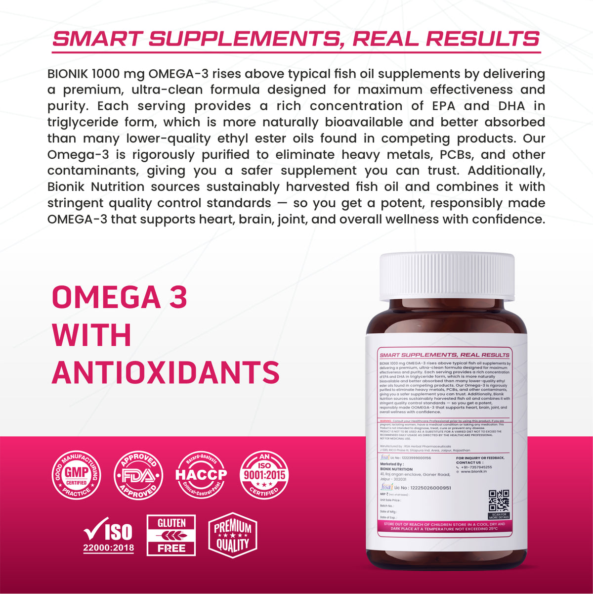 BIONIK NUTRITION Omega-3 Softgels with EPA and DHA, 60 softgel bottle, close-up of the softgel capsules.