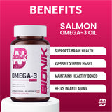 BIONIK NUTRITION Omega-3 Softgels with EPA and DHA, 60 softgel bottle, close-up of softgel capsules on a white background.