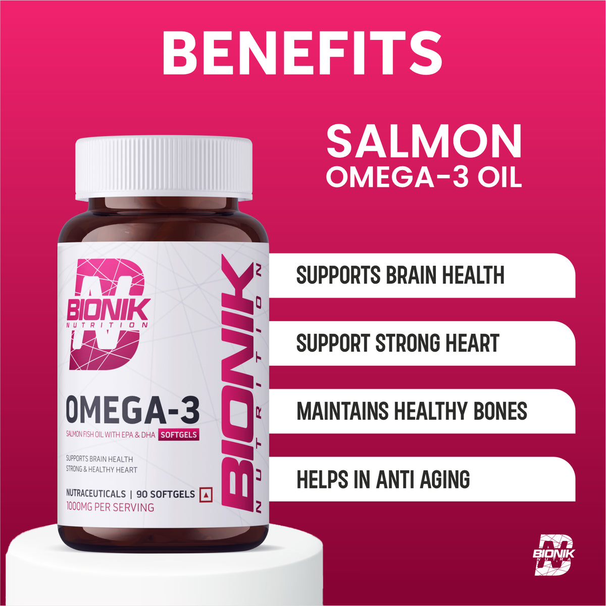BIONIK NUTRITION Omega-3 Softgels with EPA and DHA, 60 softgel bottle, close-up of softgel capsules on a white background.