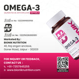 BIONIK NUTRITION Omega-3 Softgels with EPA and DHA, 60 softgel bottle, close-up of softgel capsules on a white background.