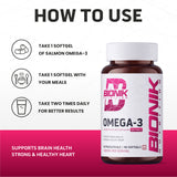 BIONIK NUTRITION Omega-3 Softgels with EPA and DHA, 60 softgel bottle, close-up of softgel capsules on a white background.
