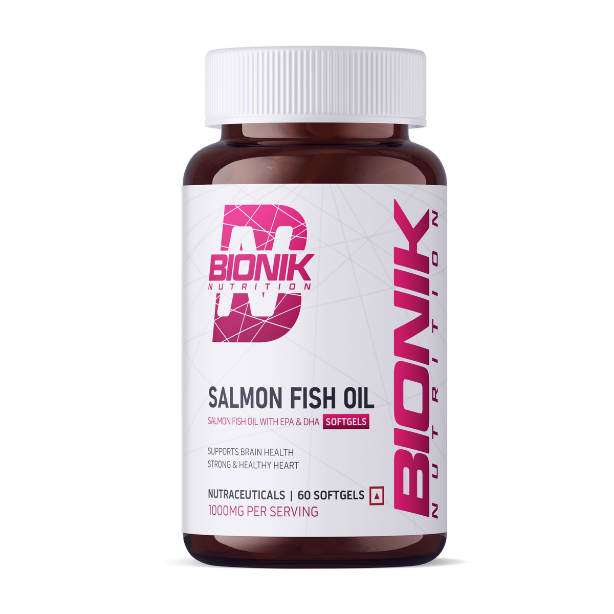 BIONIK NUTRITION Salmon Fish Oil Softgels with EPA and DHA, omega-3 supplement, 60 softgels in clear bottle.