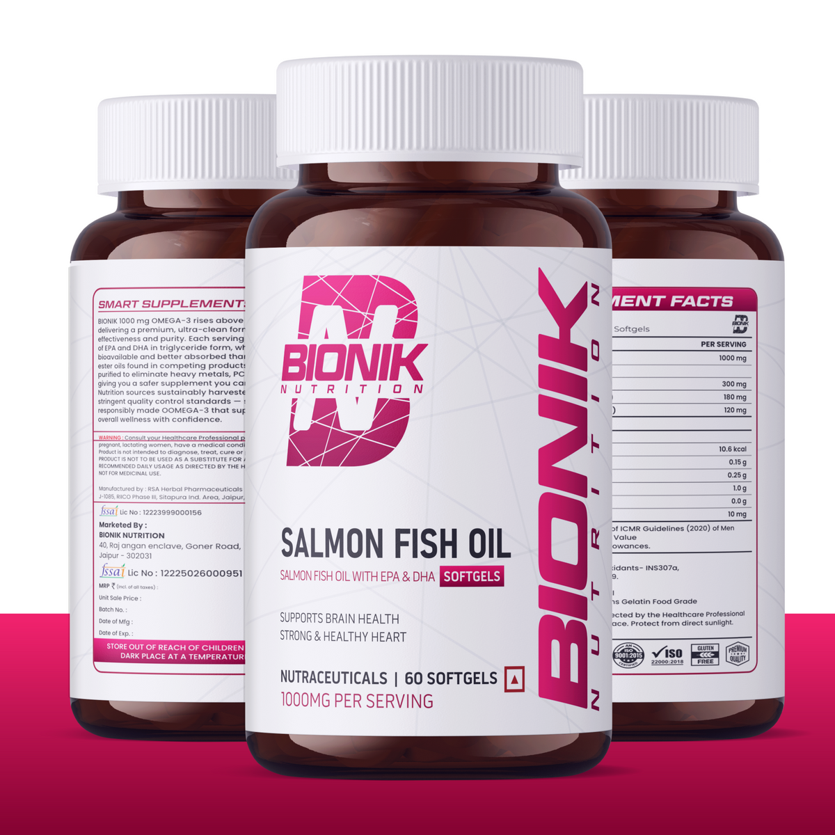 BIONIK NUTRITION Salmon Fish Oil Softgels, omega-3 supplement with EPA and DHA, 60 softgels in a clear bottle.