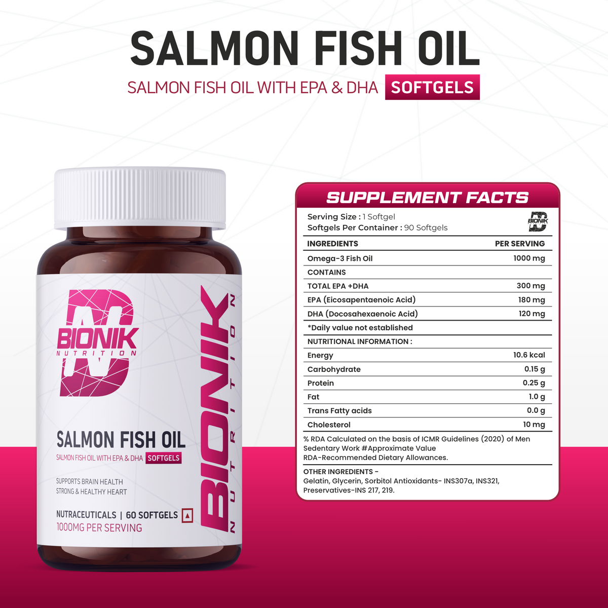 BIONIK NUTRITION Salmon Fish Oil Softgels, Omega 3 supplement with EPA and DHA, 60 softgels in bottle.