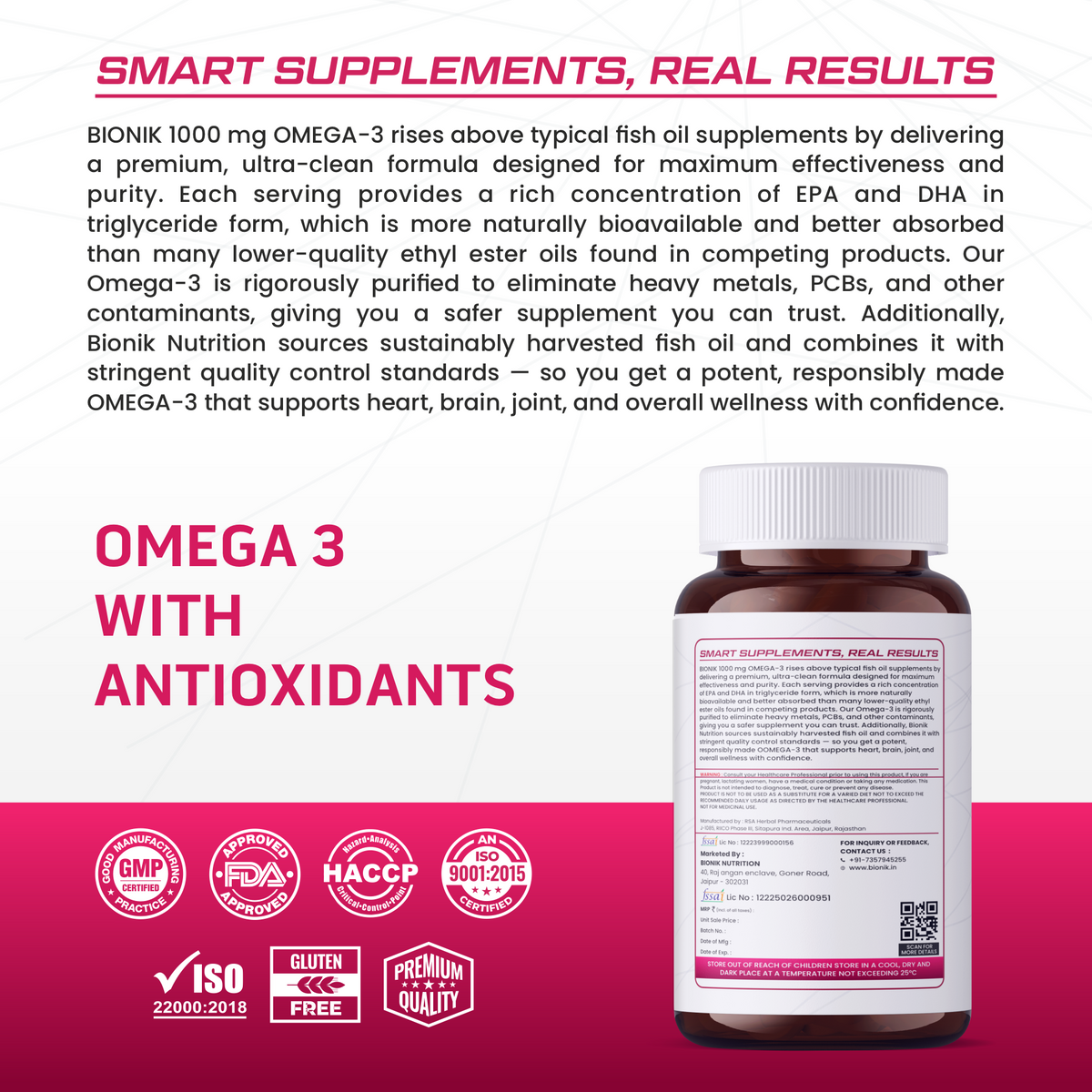 BIONIK NUTRITION Salmon Fish Oil Softgels, Omega 3 supplement with EPA and DHA, 60 softgels in bottle.